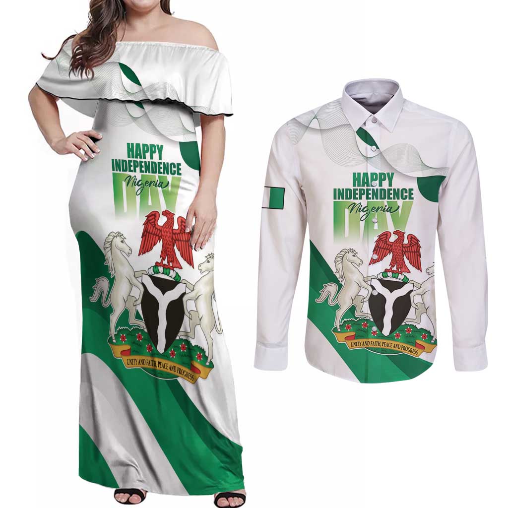 Personalized Nigeria Independence Day Couples Matching Off Shoulder Maxi Dress and Long Sleeve Button Shirt Unity and Faith Peace and Progress - Wonder Print Shop
