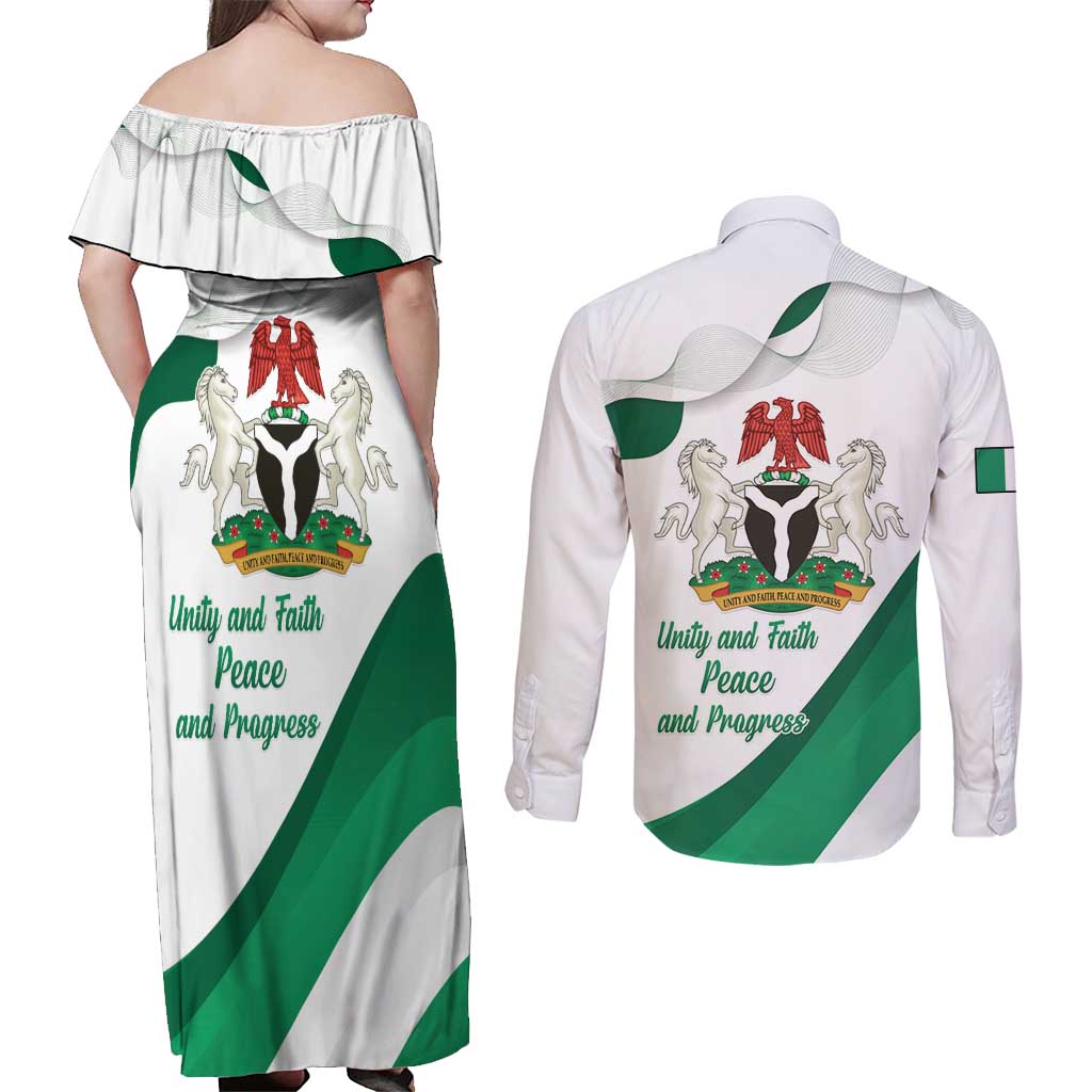 Personalized Nigeria Independence Day Couples Matching Off Shoulder Maxi Dress and Long Sleeve Button Shirt Unity and Faith Peace and Progress - Wonder Print Shop