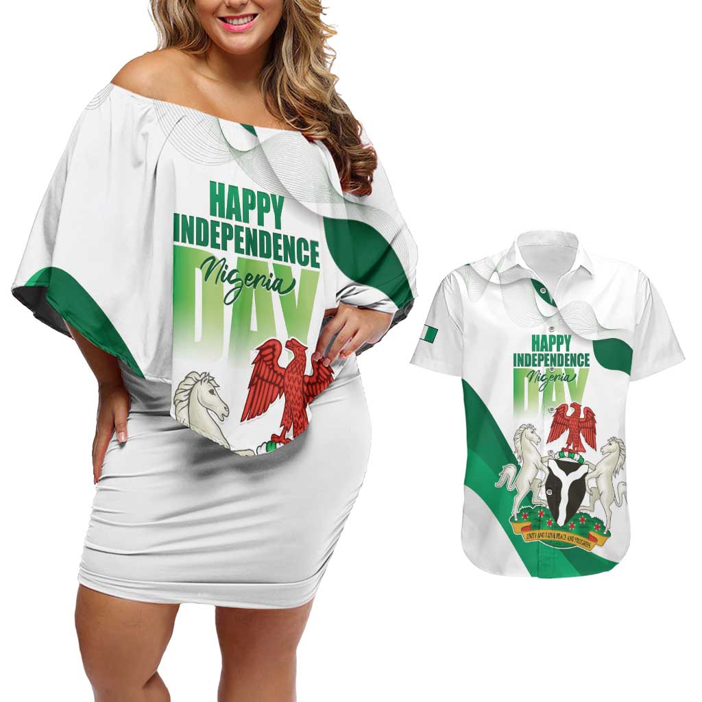 Personalized Nigeria Independence Day Couples Matching Off Shoulder Short Dress and Hawaiian Shirt Unity and Faith Peace and Progress - Wonder Print Shop