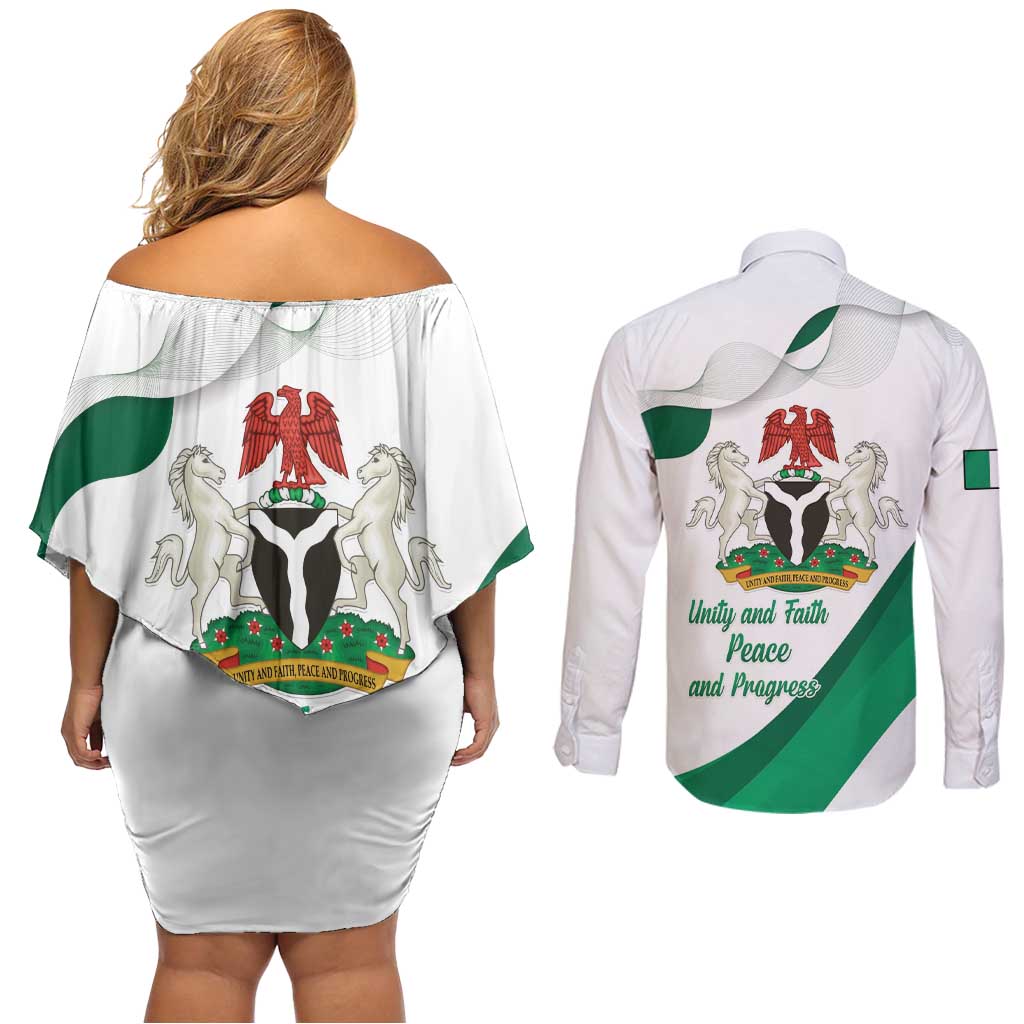 Personalized Nigeria Independence Day Couples Matching Off Shoulder Short Dress and Long Sleeve Button Shirt Unity and Faith Peace and Progress - Wonder Print Shop