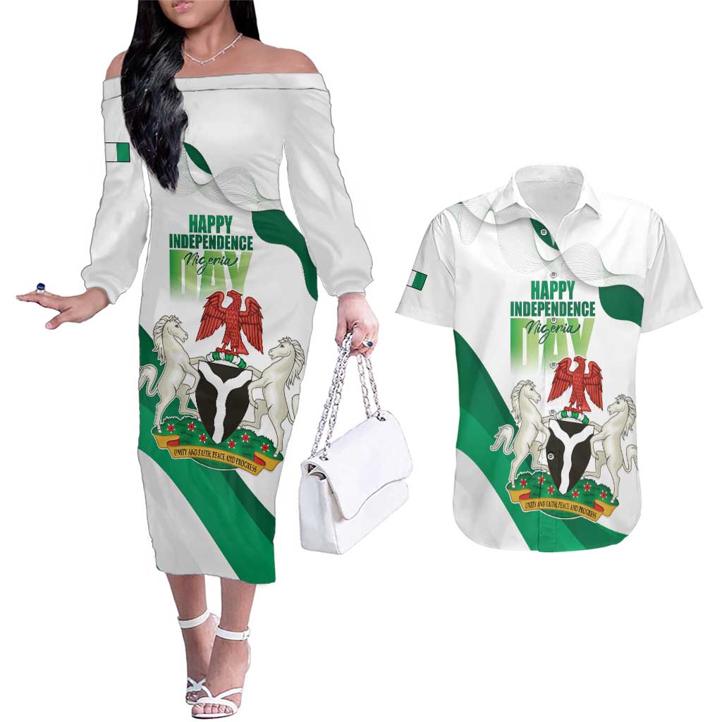 Personalized Nigeria Independence Day Couples Matching Off The Shoulder Long Sleeve Dress and Hawaiian Shirt Unity and Faith Peace and Progress - Wonder Print Shop