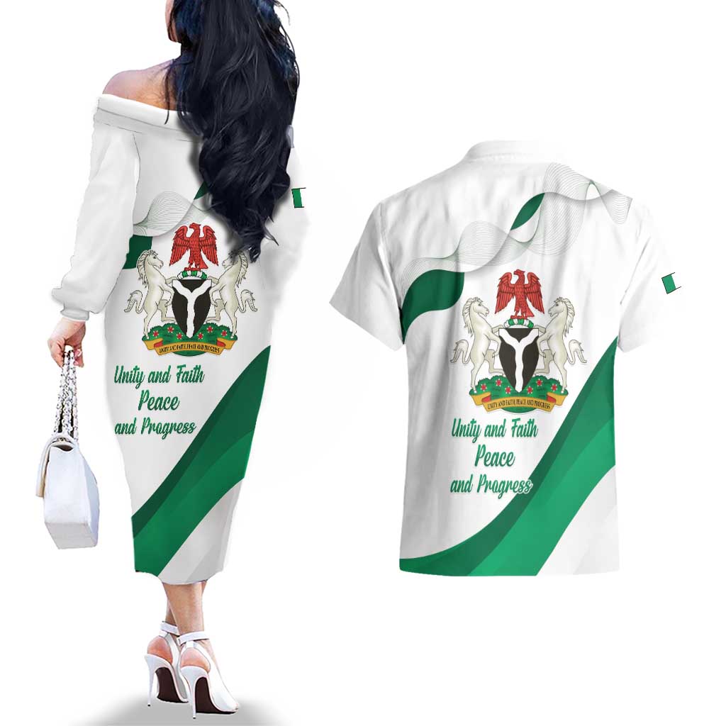 Personalized Nigeria Independence Day Couples Matching Off The Shoulder Long Sleeve Dress and Hawaiian Shirt Unity and Faith Peace and Progress - Wonder Print Shop