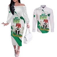 Personalized Nigeria Independence Day Couples Matching Off The Shoulder Long Sleeve Dress and Long Sleeve Button Shirt Unity and Faith Peace and Progress - Wonder Print Shop