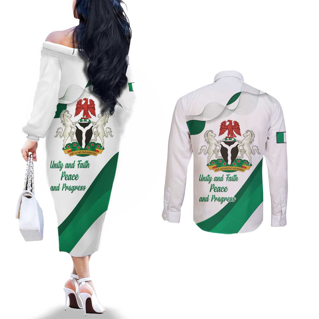 Personalized Nigeria Independence Day Couples Matching Off The Shoulder Long Sleeve Dress and Long Sleeve Button Shirt Unity and Faith Peace and Progress - Wonder Print Shop