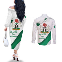 Personalized Nigeria Independence Day Couples Matching Off The Shoulder Long Sleeve Dress and Long Sleeve Button Shirt Unity and Faith Peace and Progress - Wonder Print Shop