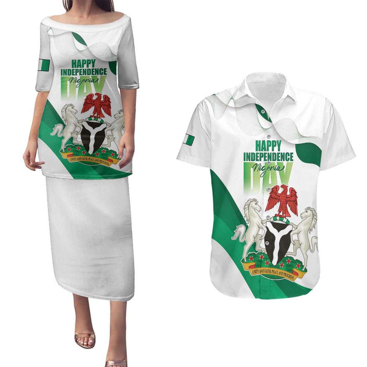 Personalized Nigeria Independence Day Couples Matching Puletasi and Hawaiian Shirt Unity and Faith Peace and Progress - Wonder Print Shop