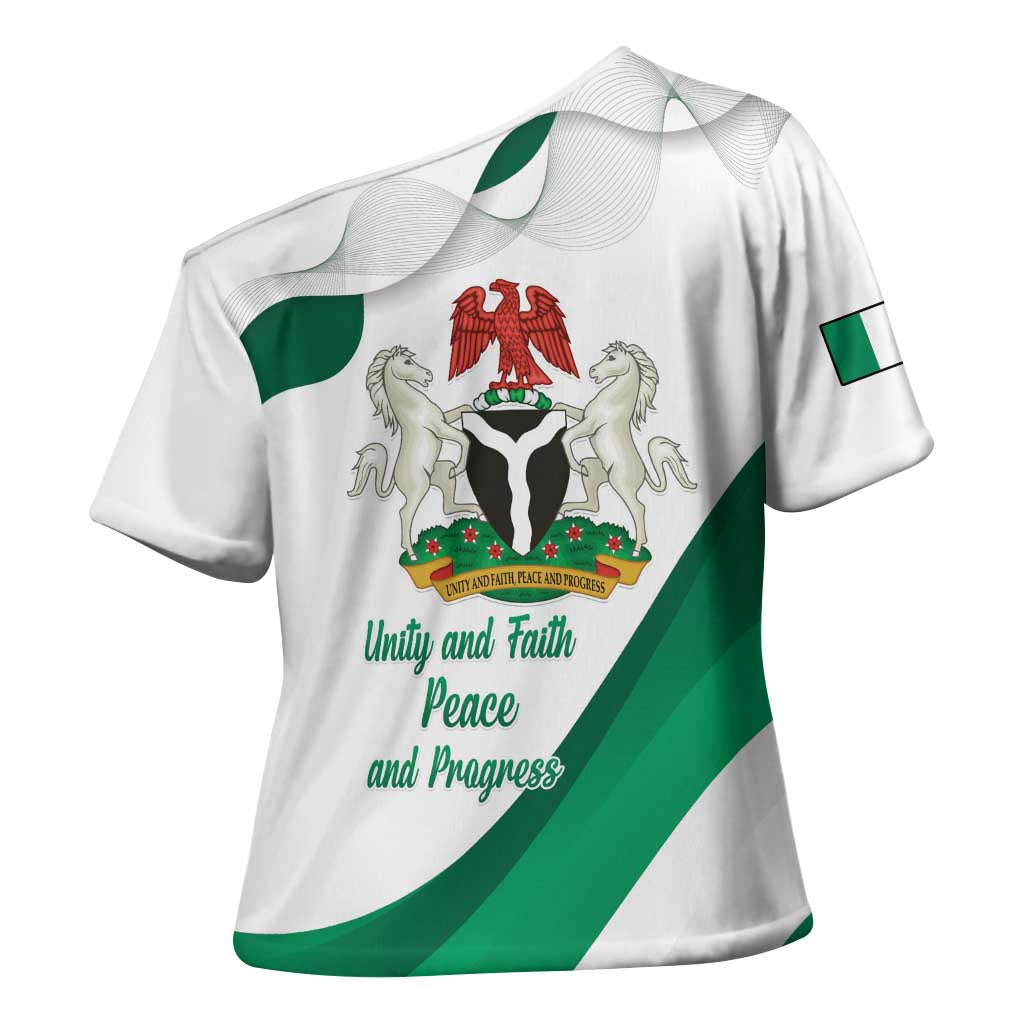 Personalized Nigeria Independence Day Cross Shoulder Shirt Unity and Faith Peace and Progress - Wonder Print Shop