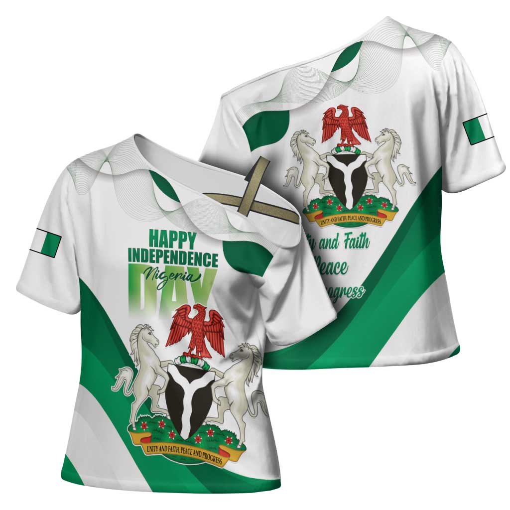 Personalized Nigeria Independence Day Cross Shoulder Shirt Unity and Faith Peace and Progress - Wonder Print Shop