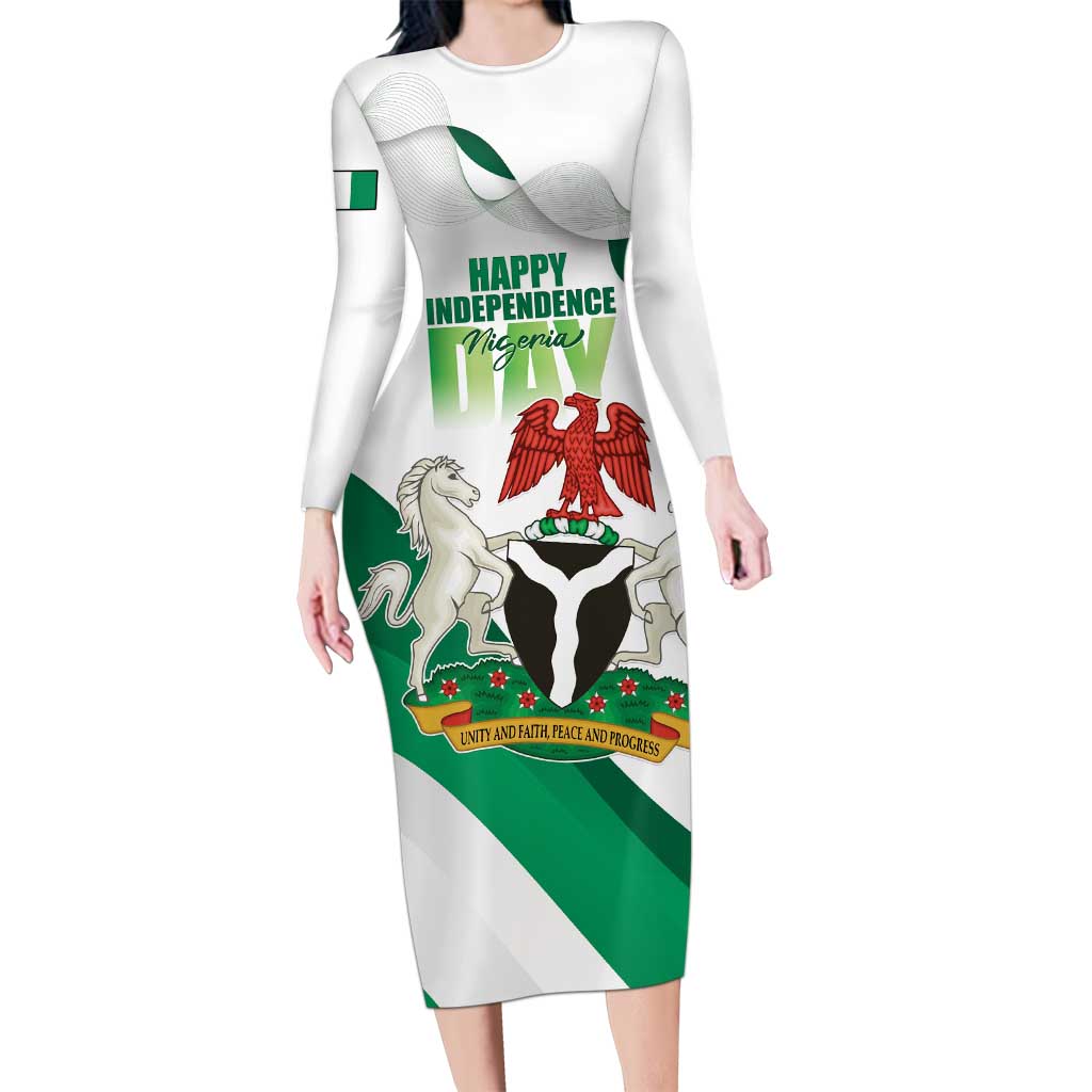 Personalized Nigeria Independence Day Long Sleeve Bodycon Dress Unity and Faith Peace and Progress - Wonder Print Shop