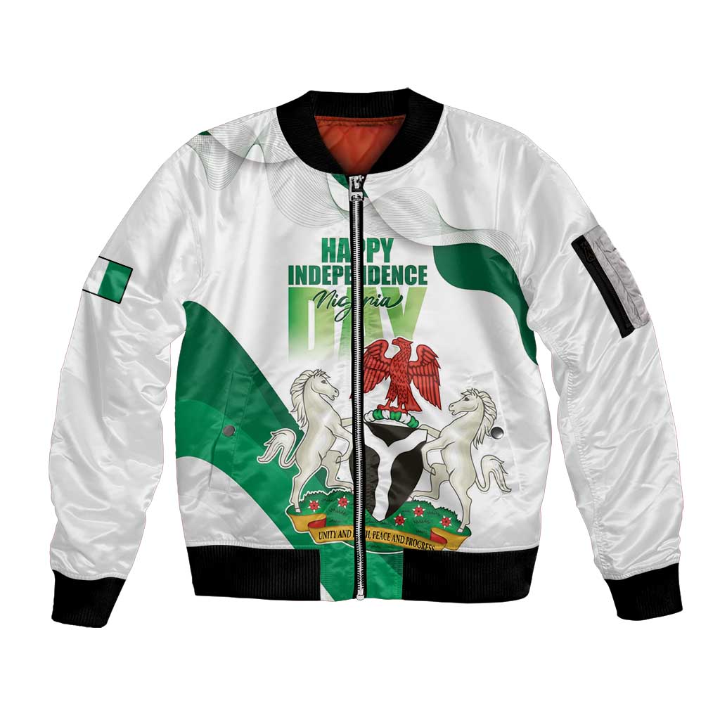 Personalized Nigeria Independence Day Sleeve Zip Bomber Jacket Unity and Faith Peace and Progress - Wonder Print Shop