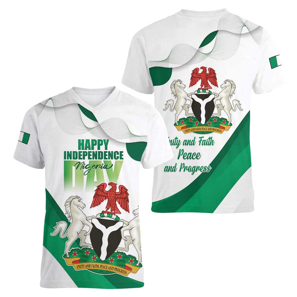 Personalized Nigeria Independence Day Women V-Neck T-Shirt Unity and Faith Peace and Progress - Wonder Print Shop