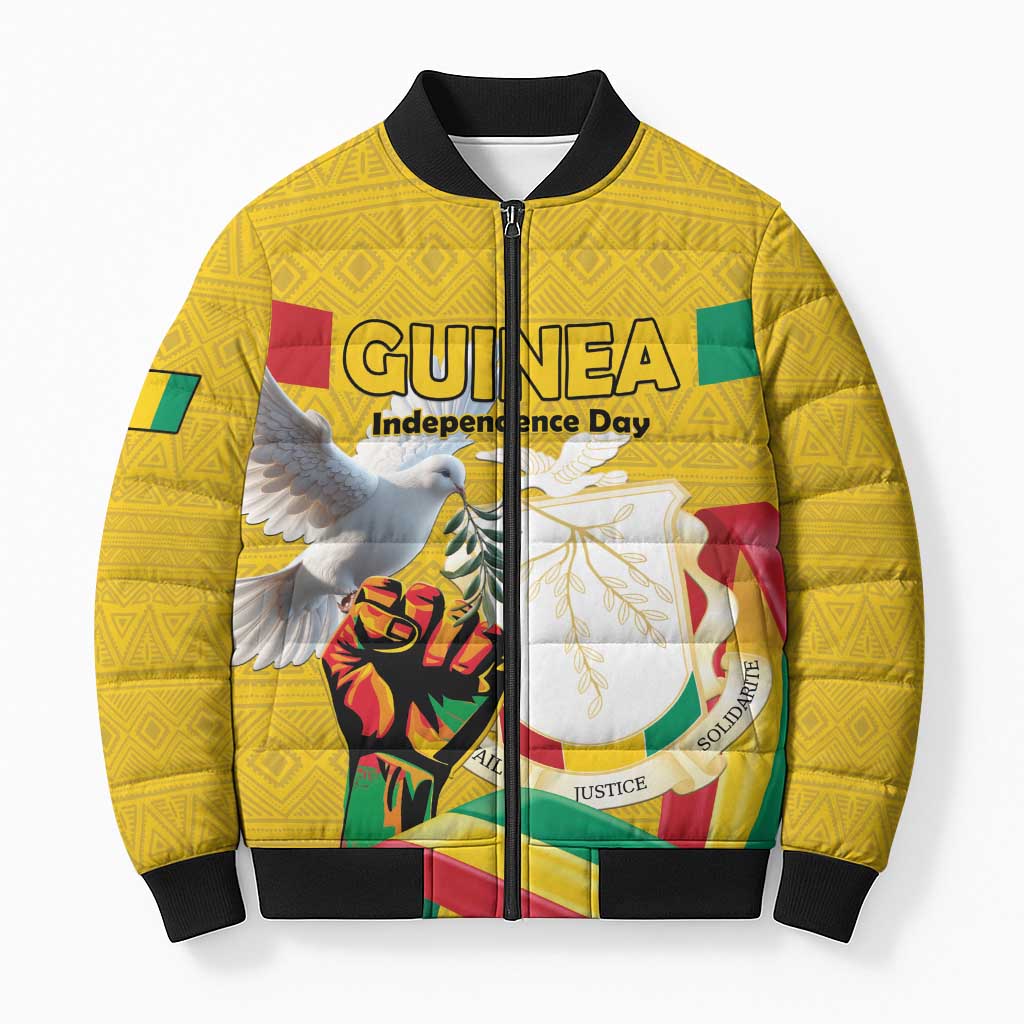 Personalized Guinea Independence Day Bomber Puffer Jacket Coat Of Arms With African Pattern - Wonder Print Shop