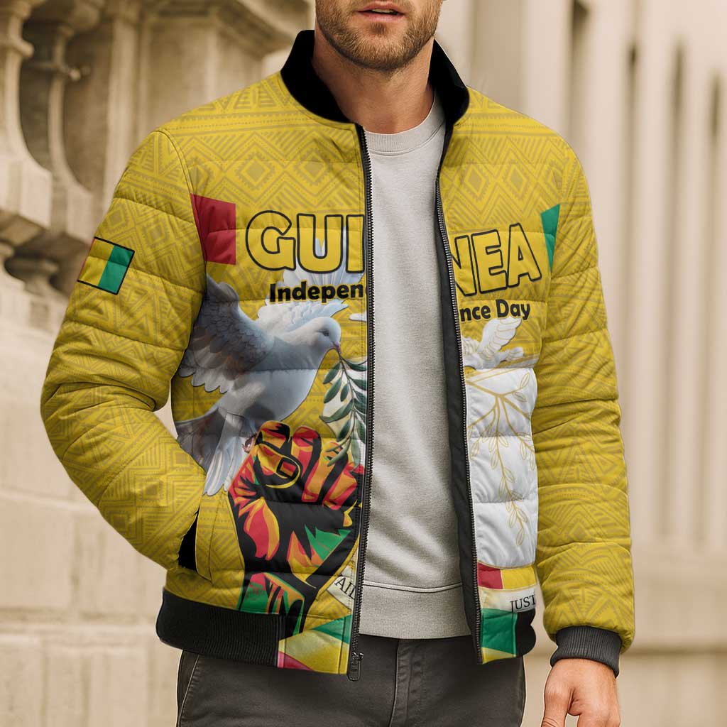 Personalized Guinea Independence Day Bomber Puffer Jacket Coat Of Arms With African Pattern - Wonder Print Shop