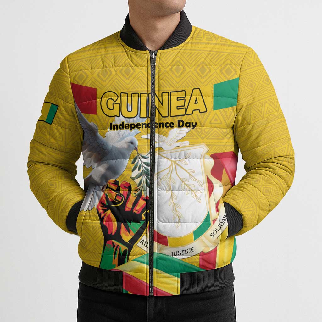Personalized Guinea Independence Day Bomber Puffer Jacket Coat Of Arms With African Pattern - Wonder Print Shop