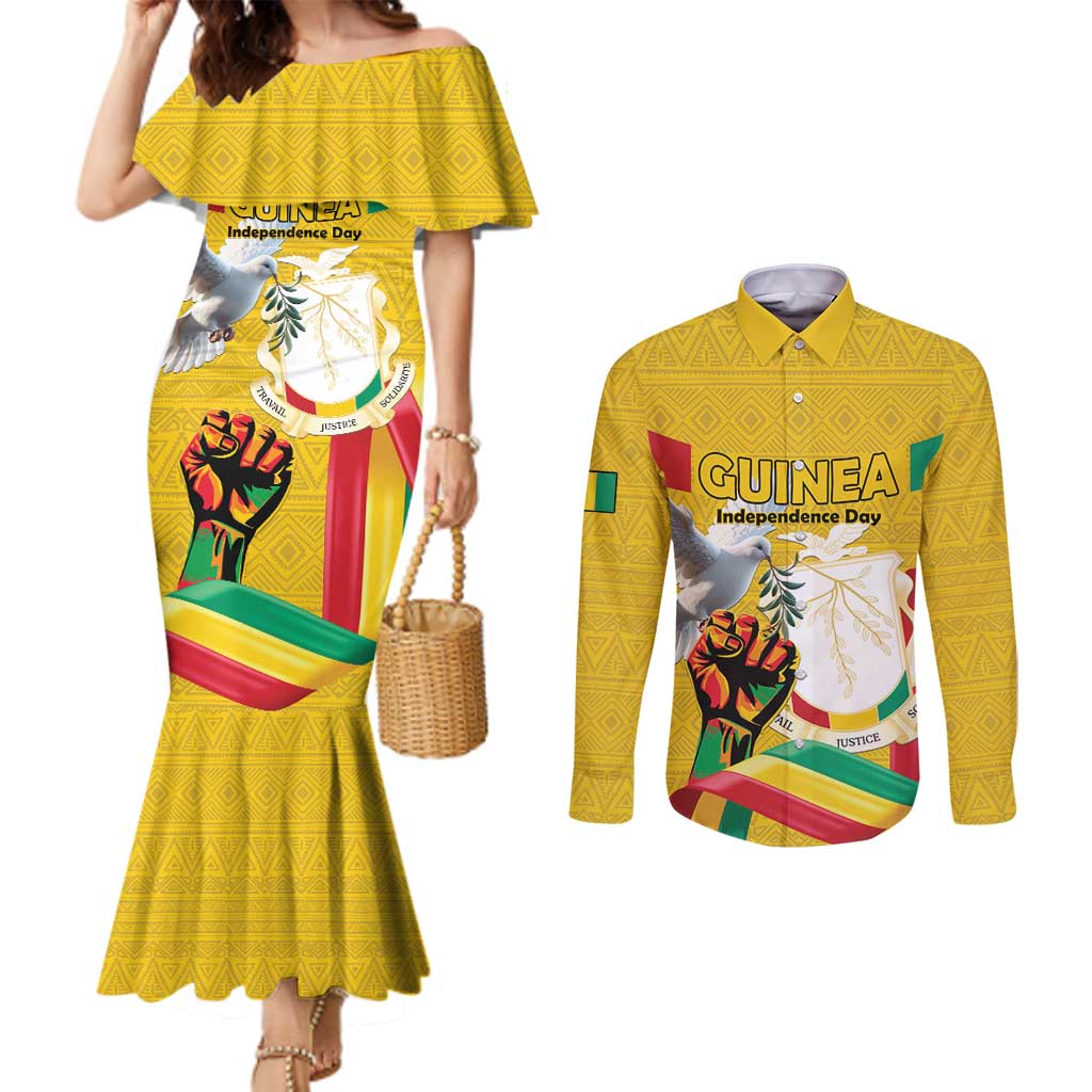 Personalized Guinea Independence Day Couples Matching Mermaid Dress and Long Sleeve Button Shirt Coat Of Arms With African Pattern - Wonder Print Shop