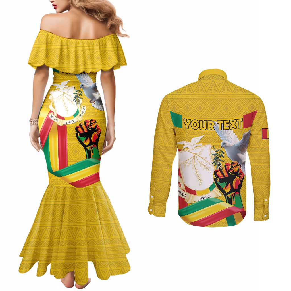Personalized Guinea Independence Day Couples Matching Mermaid Dress and Long Sleeve Button Shirt Coat Of Arms With African Pattern - Wonder Print Shop