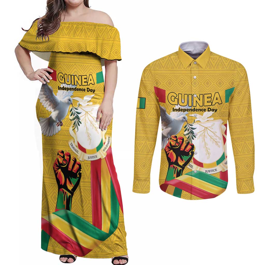 Personalized Guinea Independence Day Couples Matching Off Shoulder Maxi Dress and Long Sleeve Button Shirt Coat Of Arms With African Pattern - Wonder Print Shop