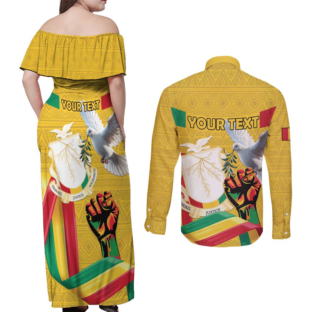 Personalized Guinea Independence Day Couples Matching Off Shoulder Maxi Dress and Long Sleeve Button Shirt Coat Of Arms With African Pattern - Wonder Print Shop