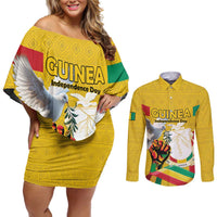 Personalized Guinea Independence Day Couples Matching Off Shoulder Short Dress and Long Sleeve Button Shirt Coat Of Arms With African Pattern - Wonder Print Shop