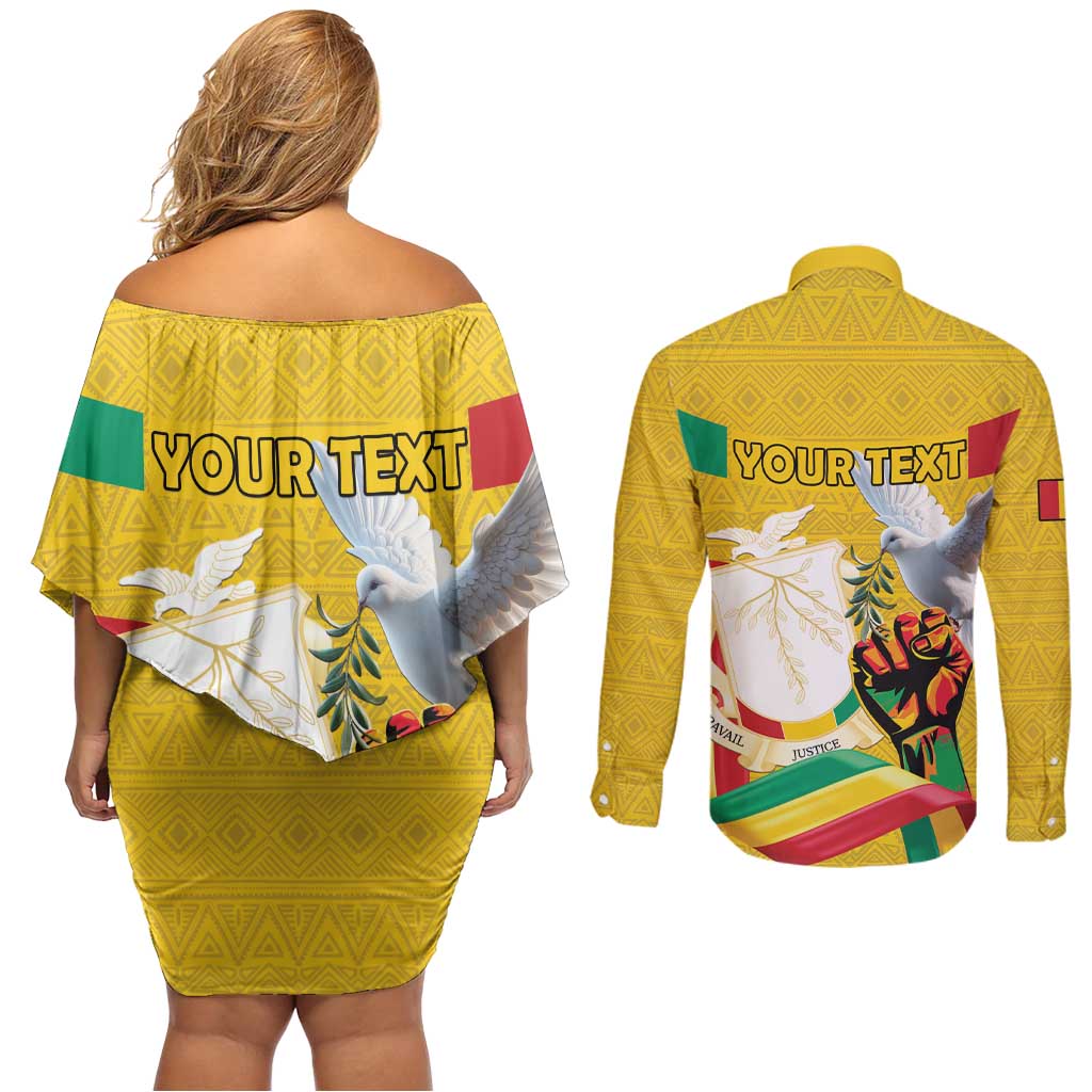 Personalized Guinea Independence Day Couples Matching Off Shoulder Short Dress and Long Sleeve Button Shirt Coat Of Arms With African Pattern - Wonder Print Shop