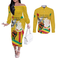 Personalized Guinea Independence Day Couples Matching Off The Shoulder Long Sleeve Dress and Long Sleeve Button Shirt Coat Of Arms With African Pattern - Wonder Print Shop