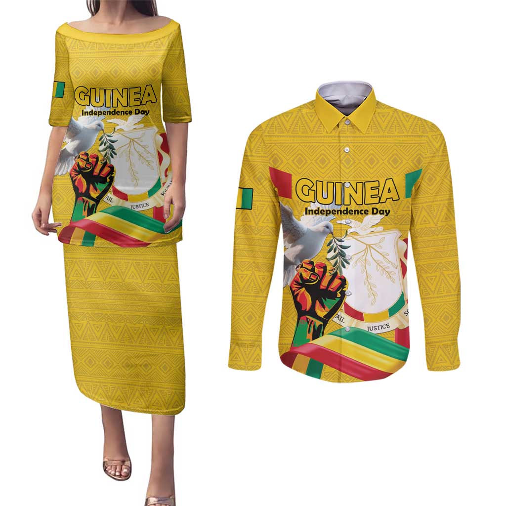 Personalized Guinea Independence Day Couples Matching Puletasi and Long Sleeve Button Shirt Coat Of Arms With African Pattern - Wonder Print Shop