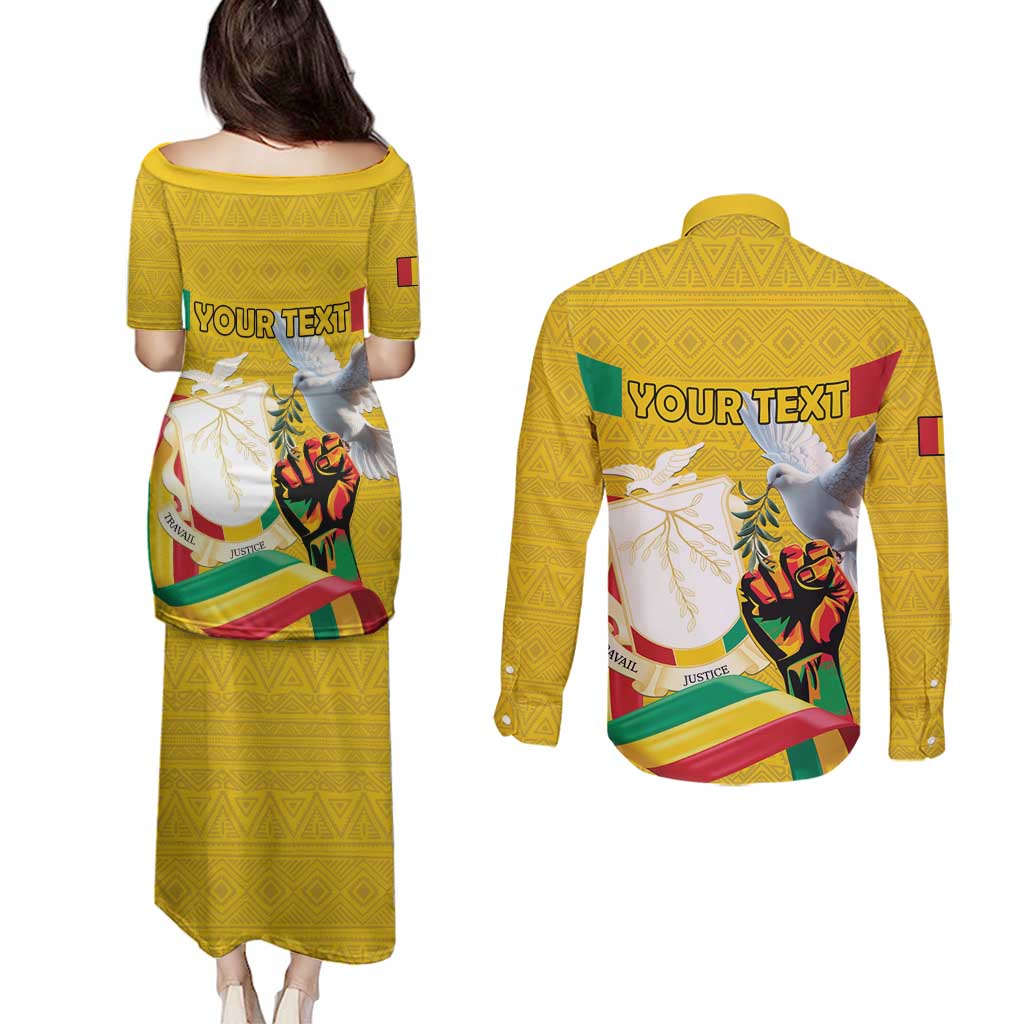 Personalized Guinea Independence Day Couples Matching Puletasi and Long Sleeve Button Shirt Coat Of Arms With African Pattern - Wonder Print Shop