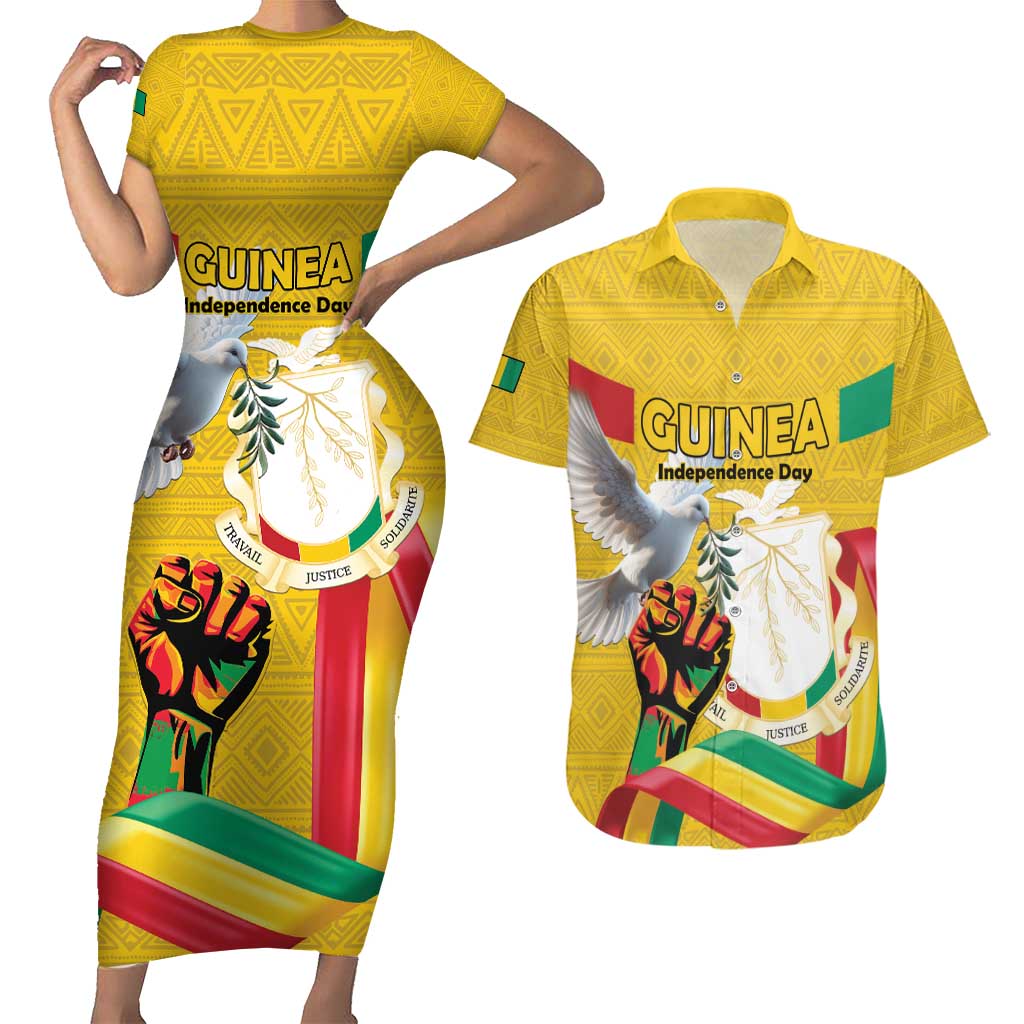 Personalized Guinea Independence Day Couples Matching Short Sleeve Bodycon Dress and Hawaiian Shirt Coat Of Arms With African Pattern - Wonder Print Shop