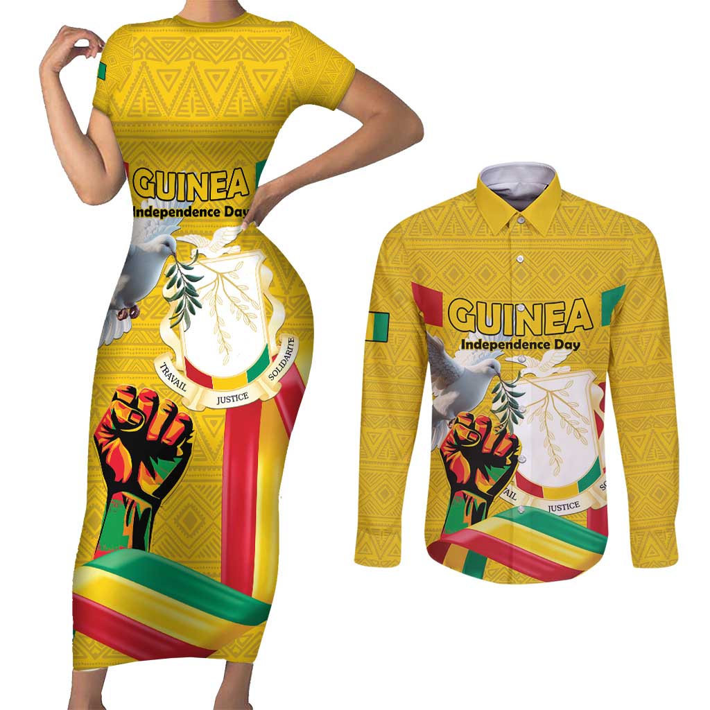 Personalized Guinea Independence Day Couples Matching Short Sleeve Bodycon Dress and Long Sleeve Button Shirt Coat Of Arms With African Pattern - Wonder Print Shop
