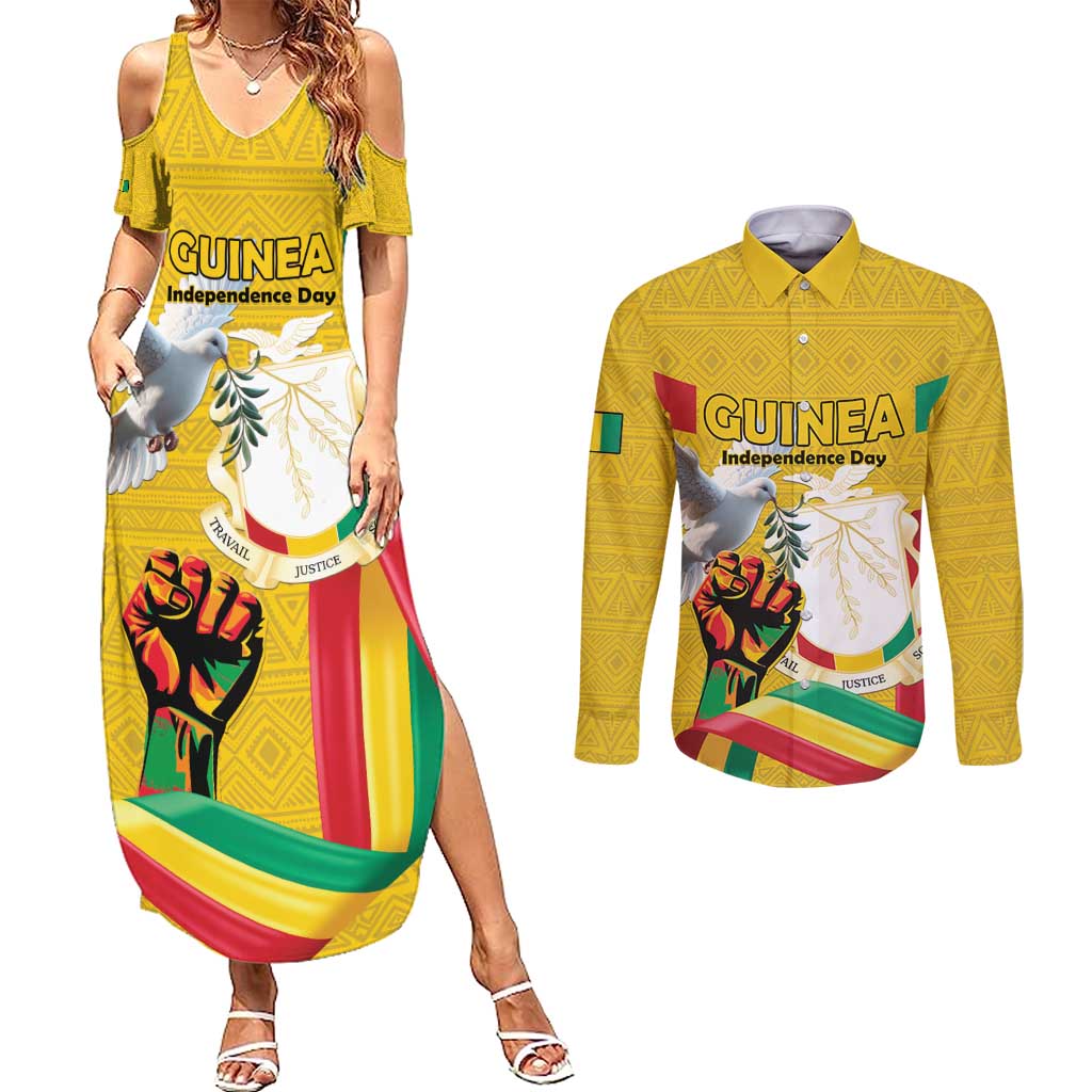 Personalized Guinea Independence Day Couples Matching Summer Maxi Dress and Long Sleeve Button Shirt Coat Of Arms With African Pattern - Wonder Print Shop