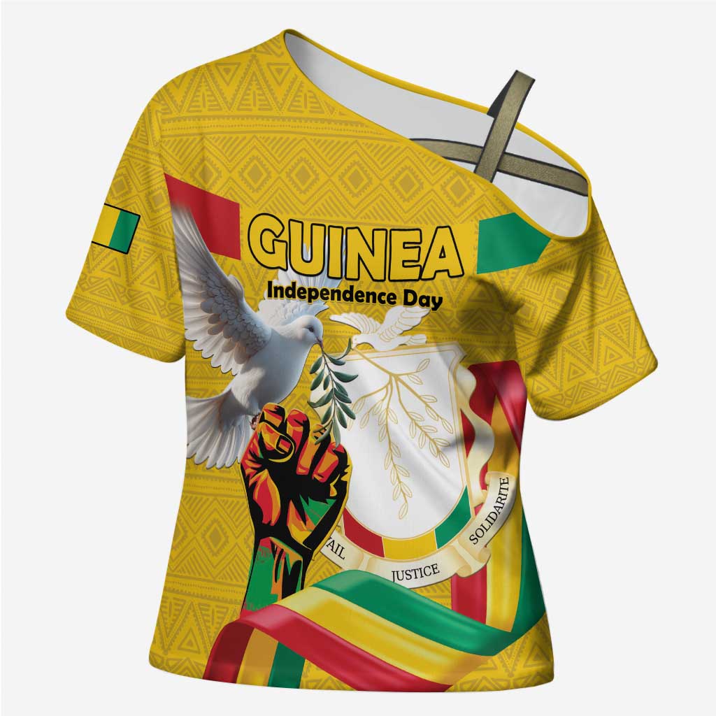 Personalized Guinea Independence Day Cross Shoulder Shirt Coat Of Arms With African Pattern - Wonder Print Shop