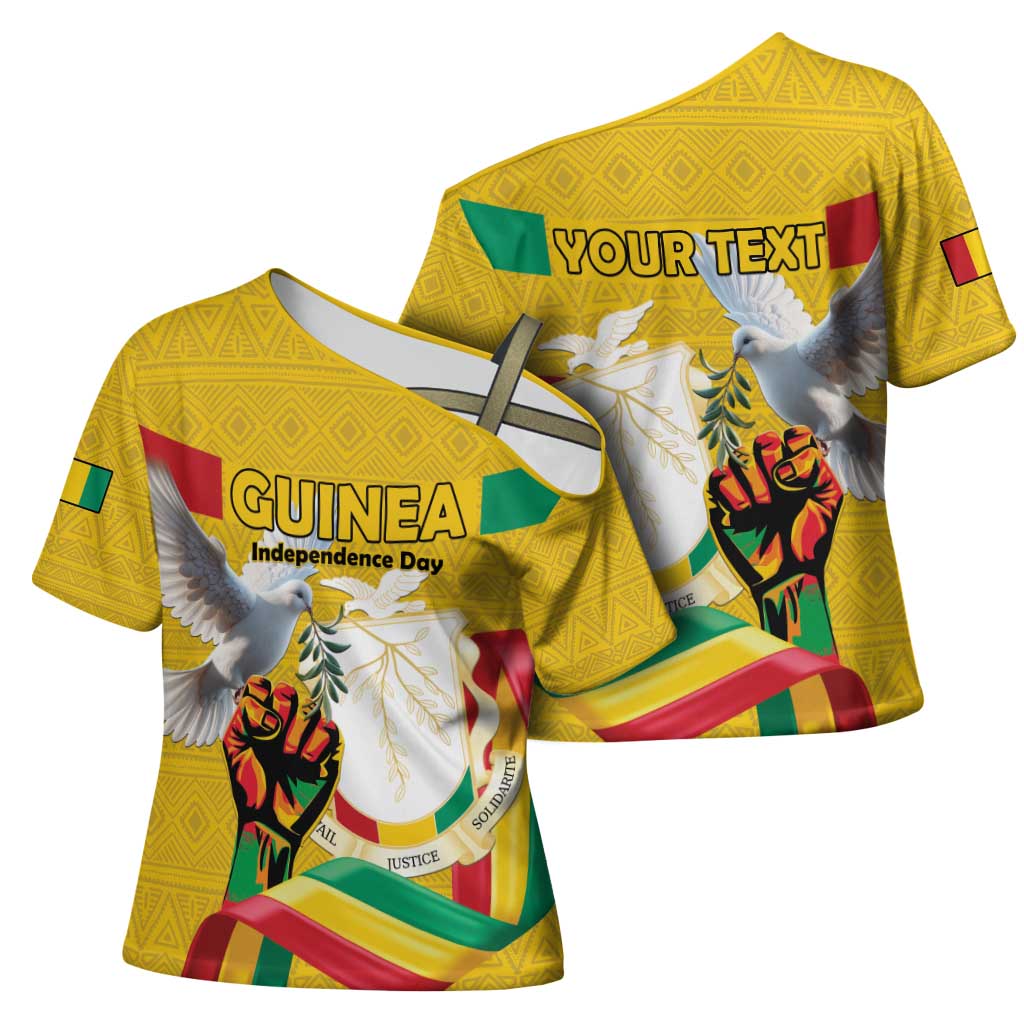 Personalized Guinea Independence Day Cross Shoulder Shirt Coat Of Arms With African Pattern - Wonder Print Shop