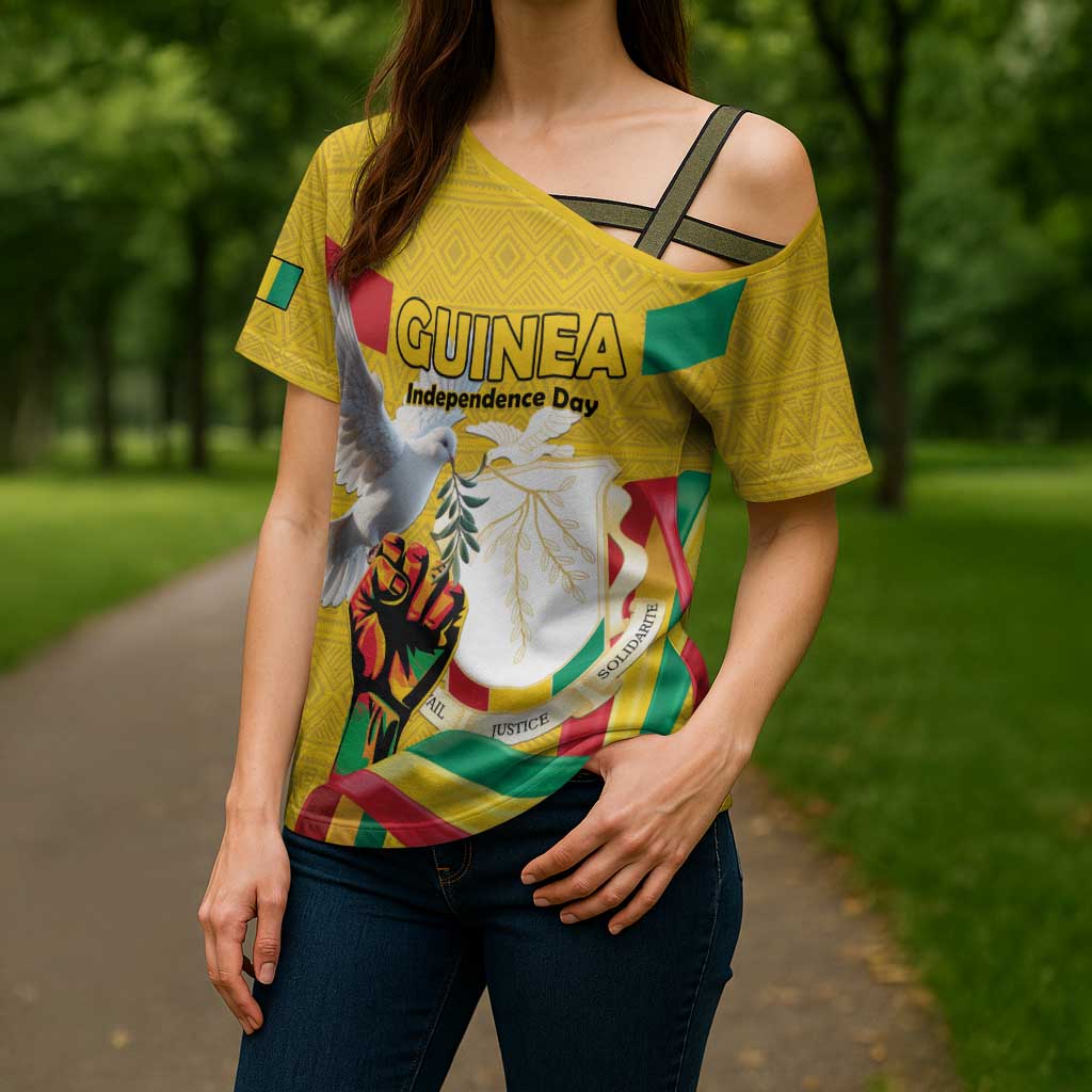 Personalized Guinea Independence Day Cross Shoulder Shirt Coat Of Arms With African Pattern - Wonder Print Shop