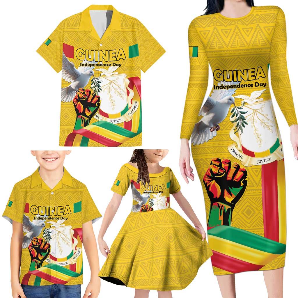 Personalized Guinea Independence Day Family Matching Long Sleeve Bodycon Dress and Hawaiian Shirt Coat Of Arms With African Pattern - Wonder Print Shop