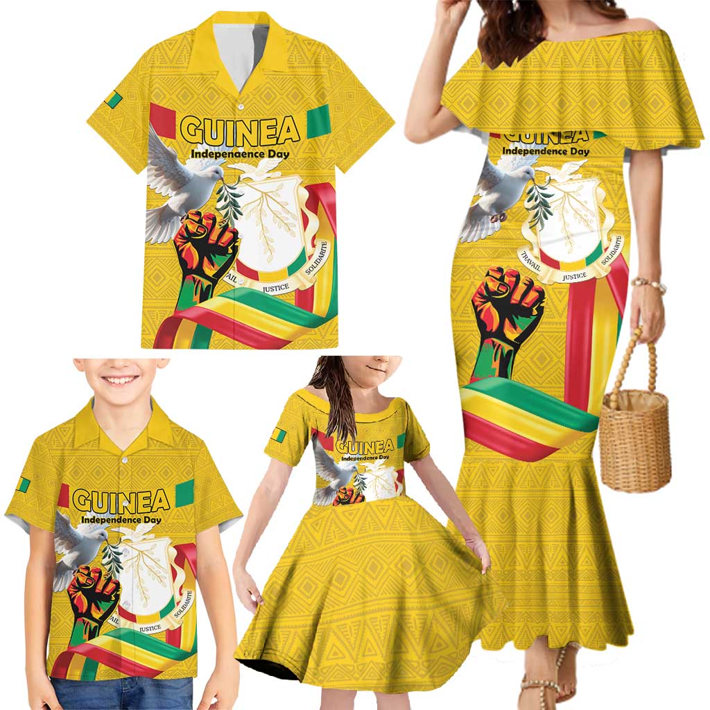 Personalized Guinea Independence Day Family Matching Mermaid Dress and Hawaiian Shirt Coat Of Arms With African Pattern - Wonder Print Shop