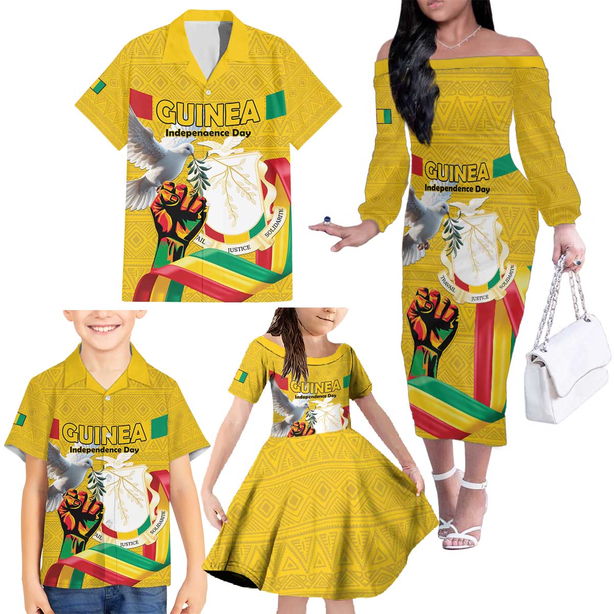 Personalized Guinea Independence Day Family Matching Off The Shoulder Long Sleeve Dress and Hawaiian Shirt Coat Of Arms With African Pattern - Wonder Print Shop