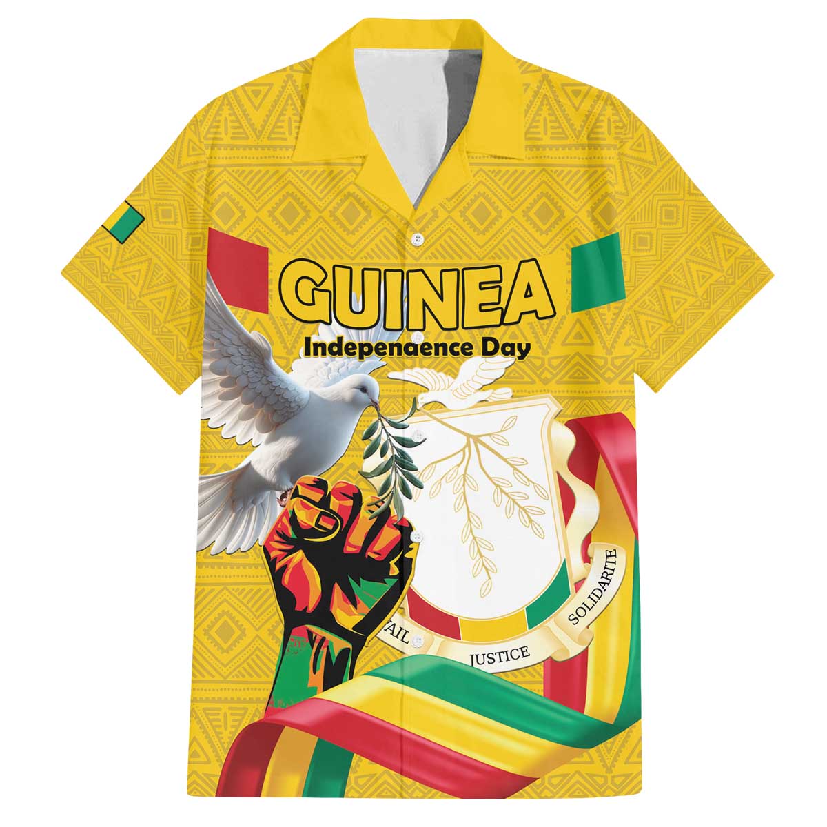 Personalized Guinea Independence Day Family Matching Off The Shoulder Long Sleeve Dress and Hawaiian Shirt Coat Of Arms With African Pattern - Wonder Print Shop