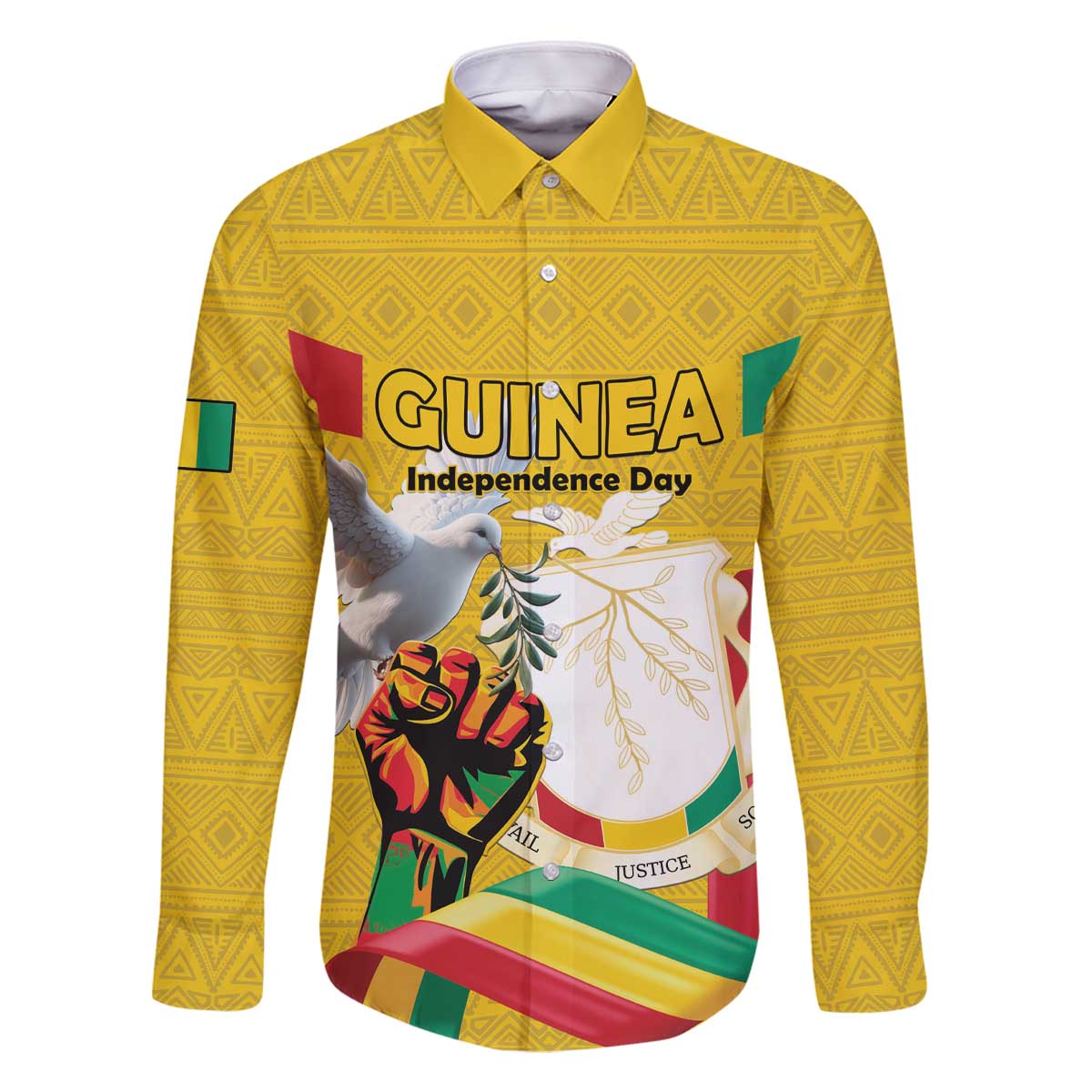 Personalized Guinea Independence Day Family Matching Off The Shoulder Long Sleeve Dress and Hawaiian Shirt Coat Of Arms With African Pattern - Wonder Print Shop