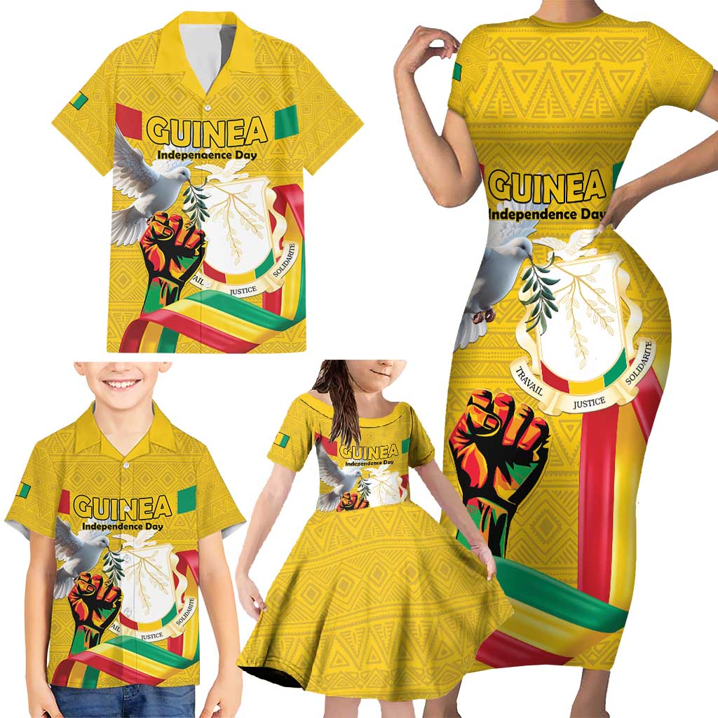 Personalized Guinea Independence Day Family Matching Short Sleeve Bodycon Dress and Hawaiian Shirt Coat Of Arms With African Pattern - Wonder Print Shop