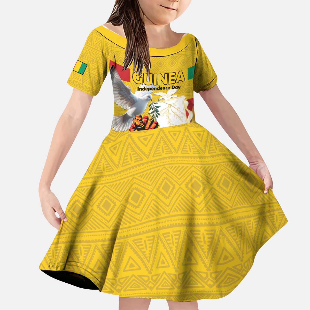 Personalized Guinea Independence Day Kid Short Sleeve Dress Coat Of Arms With African Pattern - Wonder Print Shop