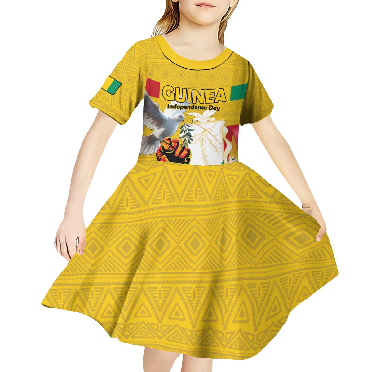 Personalized Guinea Independence Day Kid Short Sleeve Dress Coat Of Arms With African Pattern - Wonder Print Shop