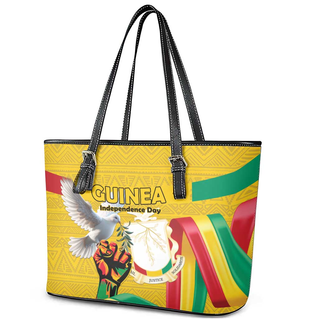 Guinea Independence Day Leather Tote Bag Coat Of Arms With African Pattern - Wonder Print Shop