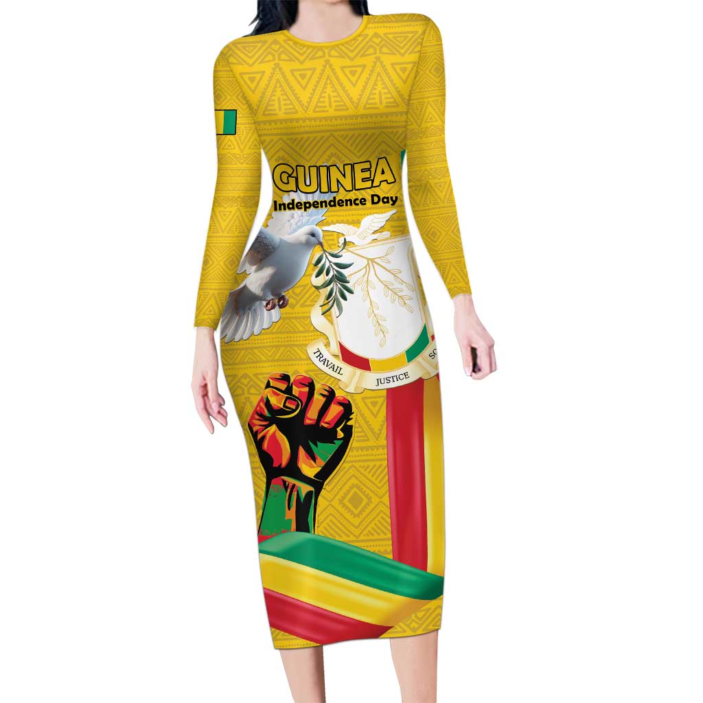 Personalized Guinea Independence Day Long Sleeve Bodycon Dress Coat Of Arms With African Pattern - Wonder Print Shop