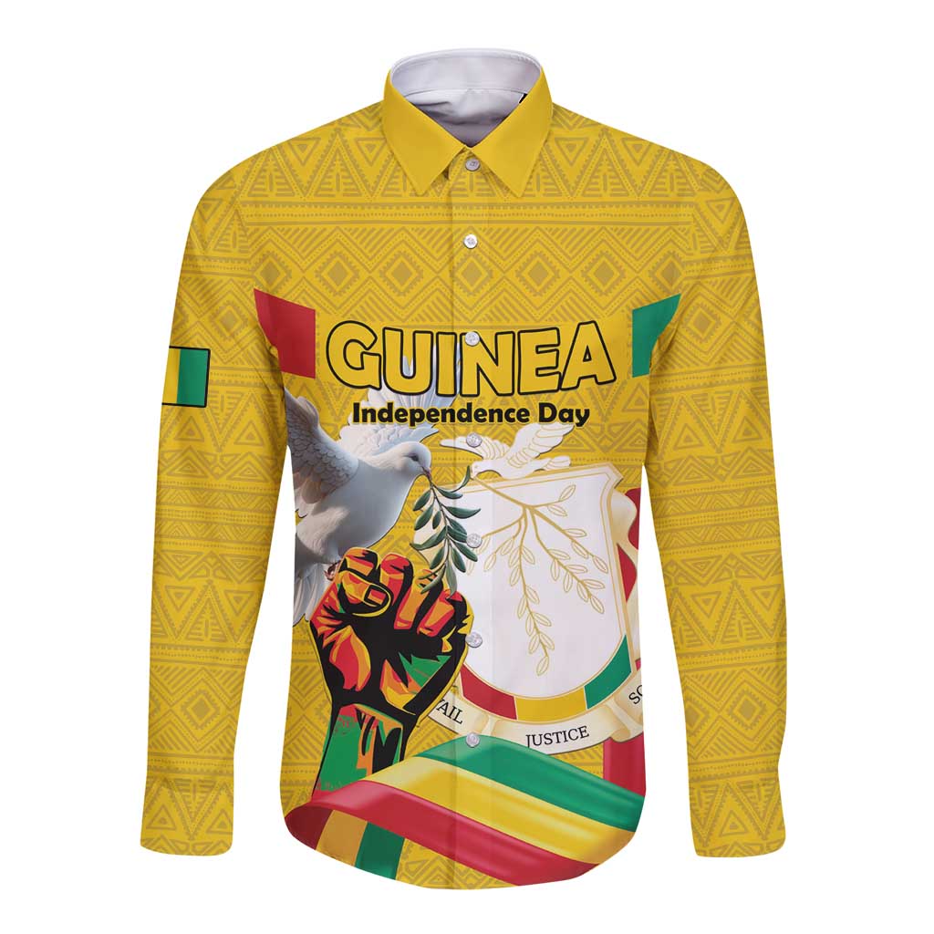 Personalized Guinea Independence Day Long Sleeve Button Shirt Coat Of Arms With African Pattern - Wonder Print Shop