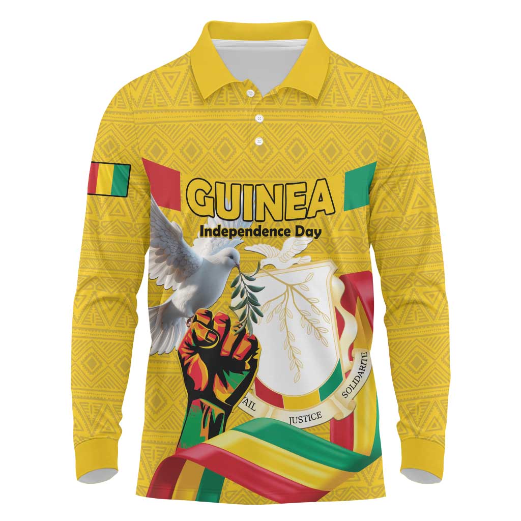Personalized Guinea Independence Day Long Sleeve Polo Shirt Coat Of Arms With African Pattern - Wonder Print Shop