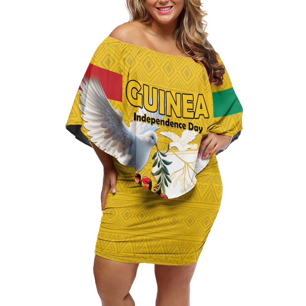 Personalized Guinea Independence Day Off Shoulder Short Dress Coat Of Arms With African Pattern - Wonder Print Shop