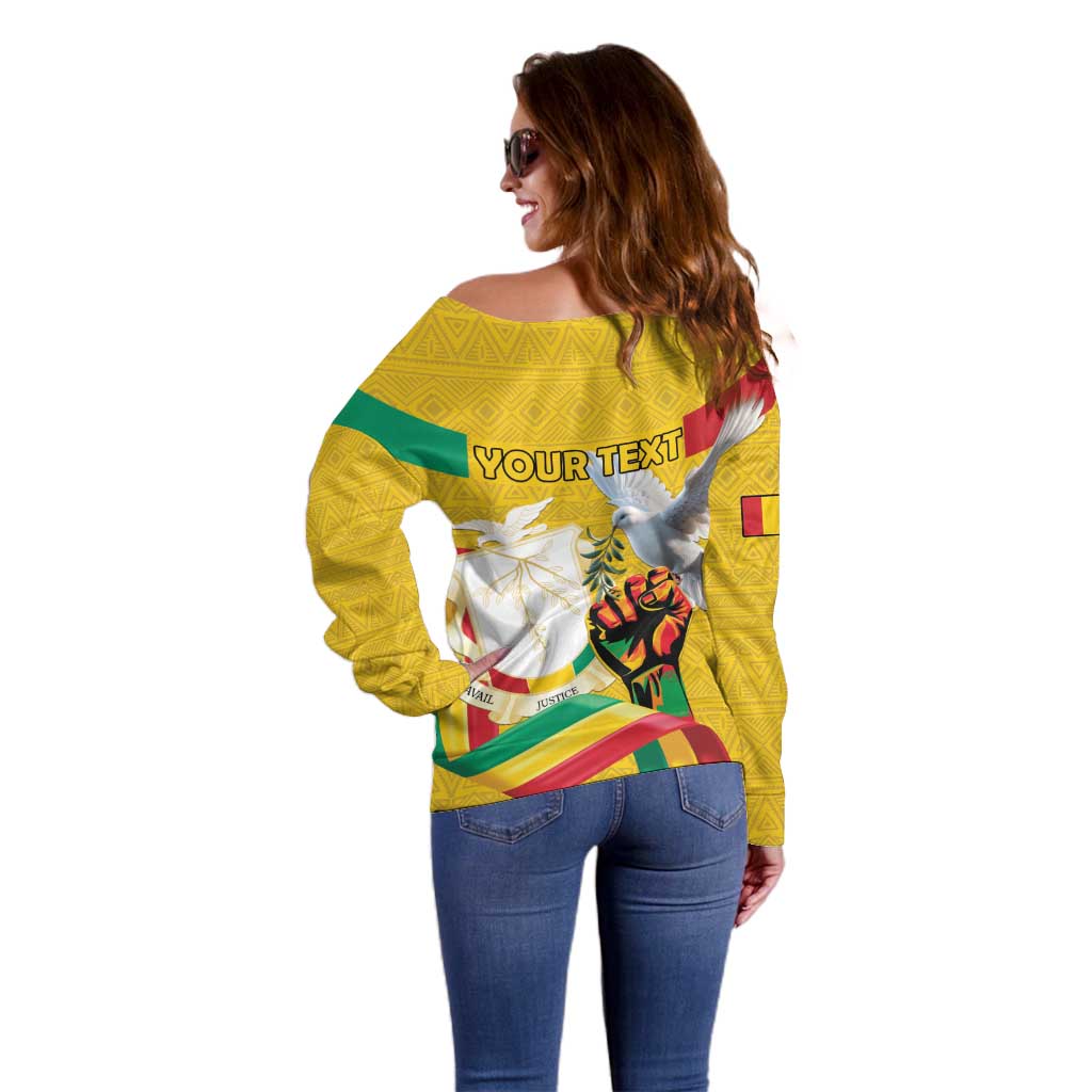 Personalized Guinea Independence Day Off Shoulder Sweater Coat Of Arms With African Pattern - Wonder Print Shop