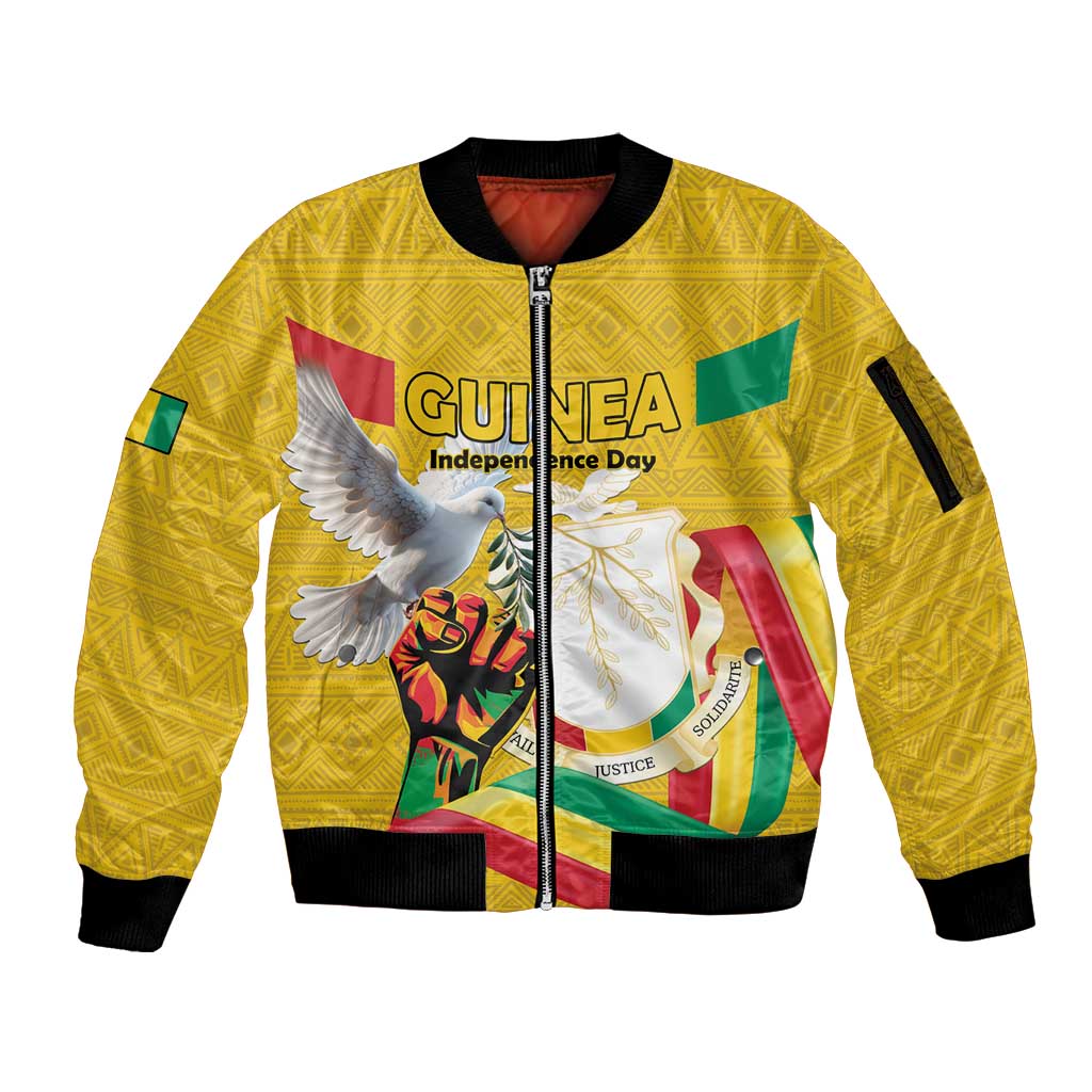 Personalized Guinea Independence Day Sleeve Zip Bomber Jacket Coat Of Arms With African Pattern - Wonder Print Shop