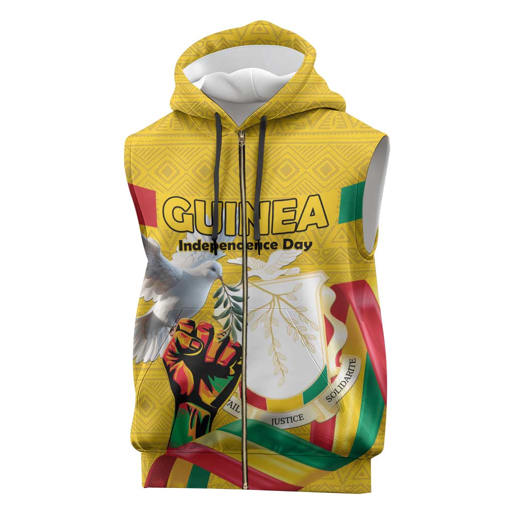 Personalized Guinea Independence Day Sleeveless Zip Hoodie Coat Of Arms With African Pattern - Wonder Print Shop