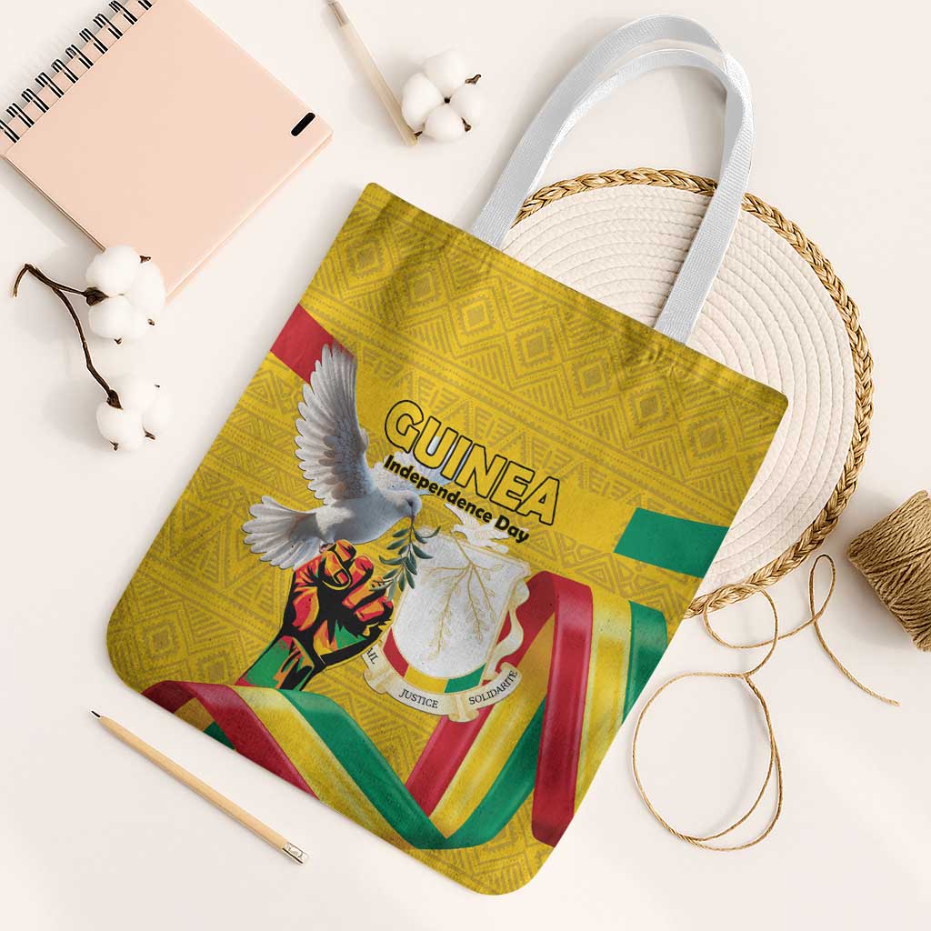 Guinea Independence Day Tote Bag Coat Of Arms With African Pattern - Wonder Print Shop